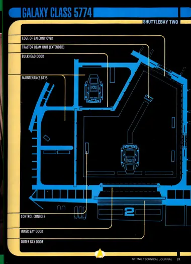 Shuttlebay Two - Galaxy Class floorplan, with callouts for the edge of balcony over, tractor beam unit (extended), bulkhead door, maintenance bays, control console, inner bay door, and outer bay door.
