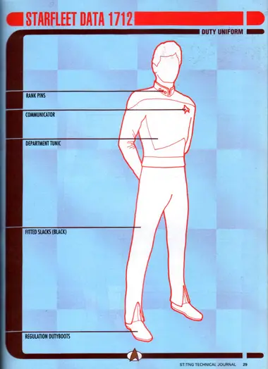 Duty Uniform (Starfleet Data 1712), with callouts to rank pins, communicator, department tunic, fitted slacks (black), and regulation dutyboots.