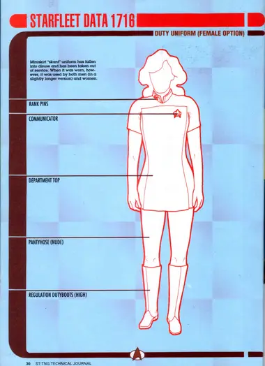 Duty Uniform (Female Option) (Starfleet Data 1716), with callouts to rank pins, communicator, department top, pantyhose (nude), and regulation dutyboots (high).