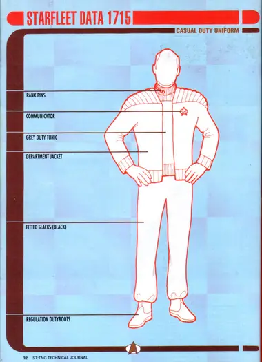 Casual Duty Uniform (Starfleet Data 1715), with callouts to rank pins, communicator, grey duty tunic, department jacket, fitted slacks (black), and regulation dutyboots.