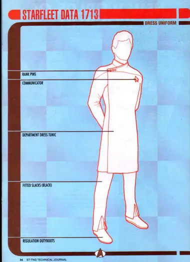 Dress Uniform (Starfleet Data 1713), with callouts to rank pins, communicator, department dress tunic, fitted slacks (black), and regulation dutyboots.