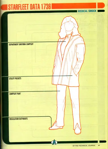 Medical Smock (Starfleet Data 1736), worn over a department uniform jumpsuit, with callouts to medical smock, department uniform jumpsuit, utility pockets, jumpsuit pant, and regulation dutyboots.