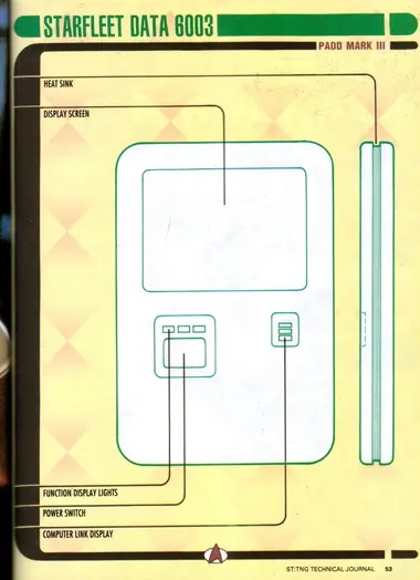 PADD Mark III (Starfleet Data 6003), shown in front and edge views with callouts to heat sink, display screen, function display lights, power switch, and computer link display.