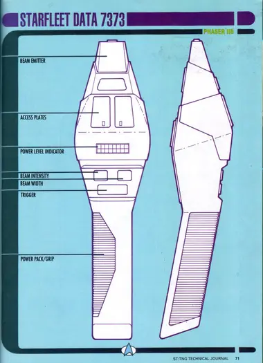 Phaser IIB (Starfleet Data 7373): front and side detail views labeling the beam emitter, access plates, power level indicator, beam intensity, beam width, trigger and power pack/grip.