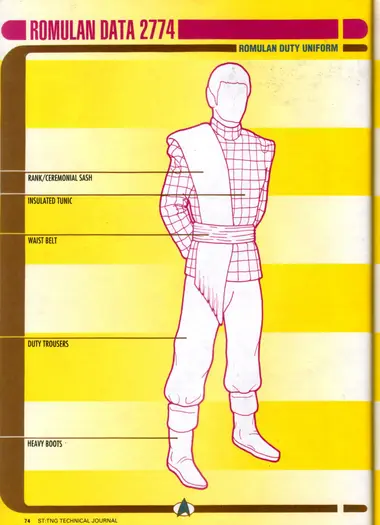 Romulan Duty Uniform (Romulan Data 2774): full-figure view of a Romulan in uniform, labeling the rank/ceremonial sash, insulated tunic, waist belt, duty trousers and heavy boots.