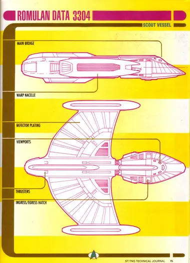 Romulan Scout Vessel (Romulan Data 3304): top and front profile views of the vessel, labeling the main bridge, warp nacelle, deflector plating, viewports, thrusters and ingress/egress hatch.