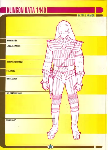 Klingon Battle Armor (Klingon Data 1440): full-figure view of a Klingon warrior, labeling the rank emblem, shoulder armor, insulated undersuit, utility belt, wrist armor, holstered weapon and heavy boots.