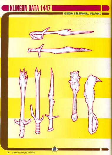 Klingon Ceremonial Weapons (Klingon Data 1447): a plate of assorted Klingon bladed and bludgeoning weapons, including daggers, swords and spiked mace-headed clubs.