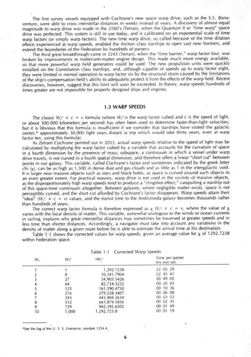 Table 1.1 Corrected Warp Speeds: warp factor, warp factor cubed, corrected warp speed (using an average Cochrane's factor of 1292.7238 within Federation space), and time per parsec for warp factors 1 through 10.