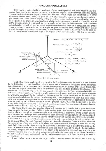 Figure 3.4 Course Plotting — three-dimensional vector diagram showing present position, destination, and the distance and bearing angles between them.