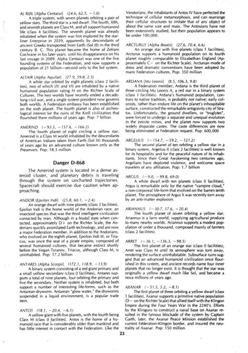 Two-column alphabetical star-system catalog, Adhara through Camus, with interspersed Warning, Danger, and cross-reference notices.
