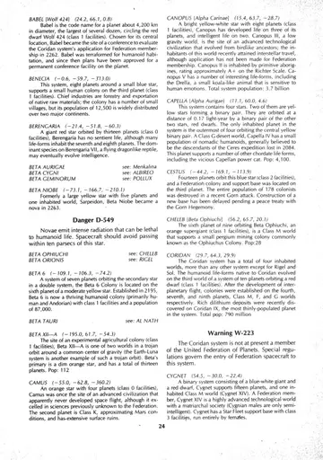Two-column alphabetical star-system catalog, Canopus through 40 Eridani, with Warning and Prohibited notices and cross-references.