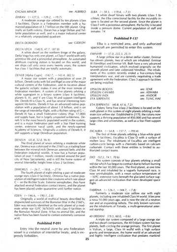 Two-column alphabetical star-system catalog, the Vulcan world of 40 Eridani through Kalandan Outpost, with Danger and Prohibited notices.