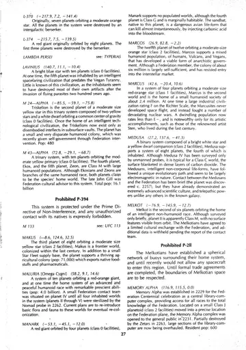 Two-column alphabetical star-system catalog, Menkalina through Organia, with Danger, Warning, and Prohibited notices and cross-references.