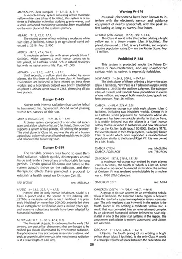 Two-column alphabetical star-system catalog, the conclusion of Organia through Sherman's Planet, including the extended Rigel and Romulan entries and a Danger notice.