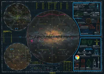 Chart B — full plate. Astrogation Map Two: a side-view (X-Z plane) galactic cross-section of the United Federation of Planets, surrounded by inset maps, member-system roster, reference tables, and illustrated catalogues of spacecraft and buoys.