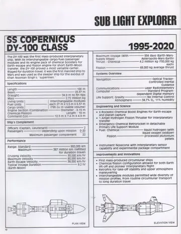 Plan view and elevation view line drawings of the SS Copernicus DY-100 Class interplanetary ship.