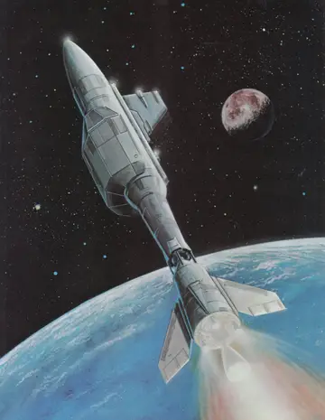 Full-page color plate: the UNSS Copernicus (DY-100 Class) sub-light explorer departing Earth orbit with the moon beyond.