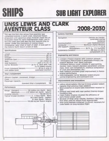 Specification panel and cutaway line drawing for the UNSS Lewis and Clark, Aventeur Class sub-light explorer.