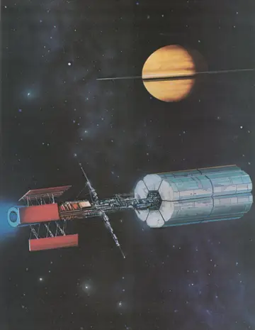 Full-page color plate: an Aventeur Class fission-powered explorer with its red heat-radiator panels and large cylindrical cargo module, near the ringed planet Saturn.