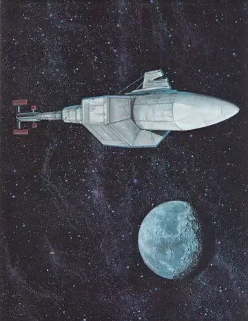 Full-page color plate: a DY-500 Class explorer with its tapered nosecone and forward sweeps, passing a cratered moon.