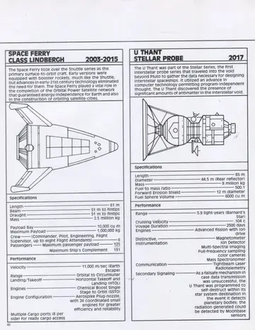 Specification panels with line drawings for the Space Ferry (Class Lindbergh) surface-to-orbit craft and the U Thant Stellar Probe.