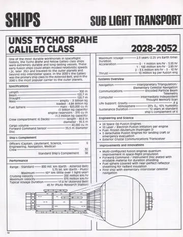 Specification panel and line drawing for the UNSS Tycho Brahe (Galileo Class) sub-light transport.