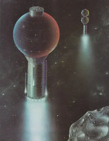 Full-page color plate: two Galileo Class ships, the spherical fuel-sphere vessels, under fusion thrust near an asteroid in deep space.