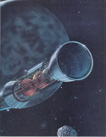 Full-page color plate: the cutaway UNSS Icarus (Columbus Class) explorer passing a planet.