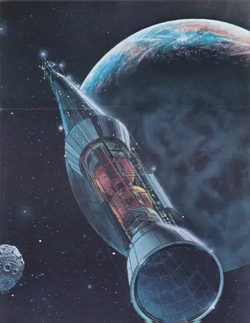 Full-page color plate: a cutaway Columbus Class ship under thrust above the Alpha Centauri homeworld.