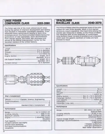 Specification panels and line drawings for the UNSS Fisher (Companion Class) escort and the spaceliner Prince of Wales (Magellan Class).