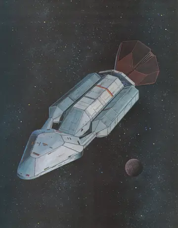 Color plate of the UNSS Bonaventure under way, its red heat radiator wings deployed, near a small moon.