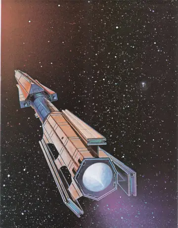 Color plate of the UNSS Amity, a Verne Class warp vessel, against a starfield.