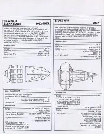 Space Bus (Glenn Class) and Space Ark technical diagrams with specifications.