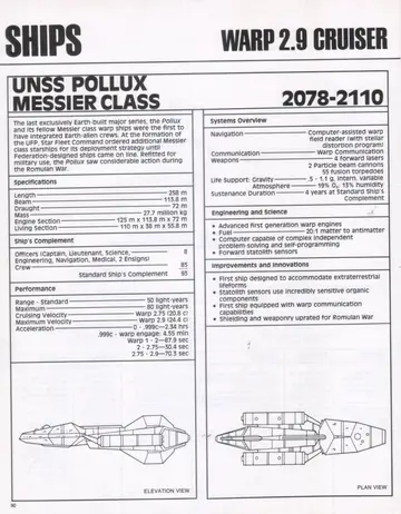 Specification panel with elevation and plan view line drawings for the UNSS Pollux (Messier Class) Warp 2.9 Cruiser.