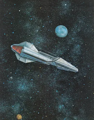 Full-page color plate: the UNSS Pollux (Messier Class) cruiser in deep space, with a blue planet beyond.