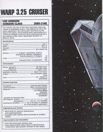 Specification panel and line drawing for the USS Horizon (Horizon Class) Warp 3.25 Cruiser, with a color plate of the ship's command module against the stars.