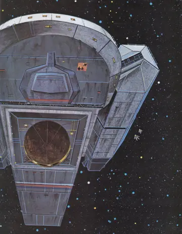 Full-page color plate: the bridge module and forward sensor array of the USS Horizon in deep space.