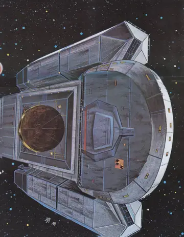 Full-page color plate: the saucer-form command section of the USS Horizon, showing its forward sensor dish.