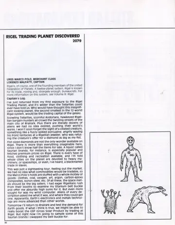 Line drawings of Rigel Trading Planet lifeforms: a tall slender humanoid alien, a fuzzy-spiked ciliated creature, and a stooped quadrupedal being.