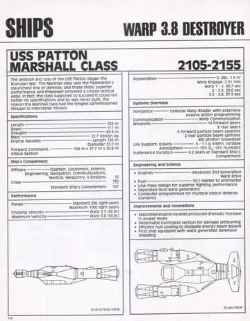 USS Patton, Marshall Class data sheet with elevation view and plan view line drawings.