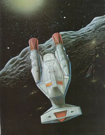 Full-page painting: a Cruiser-Castor Class starship passing over the cratered surface of a moon.
