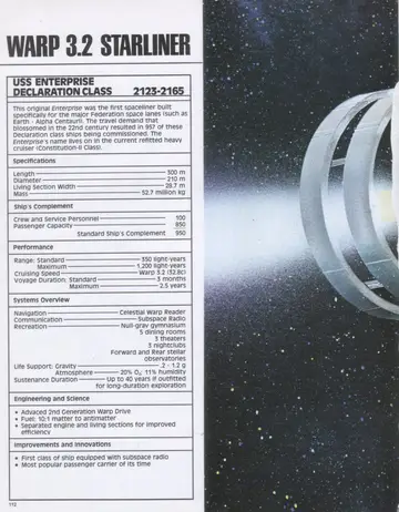 USS Enterprise, Declaration Class data sheet with a painting of the spaceliner’s ring section against a starfield.