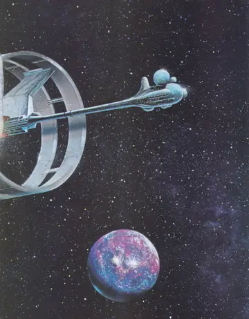 Full-page painting: the USS Enterprise (Declaration-class spaceliner) in flight near a planet, ring section to port.