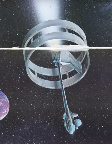 Full-page painting: the USS Enterprise (Declaration-class spaceliner) viewed from above, descending past its ring section toward a planet.
