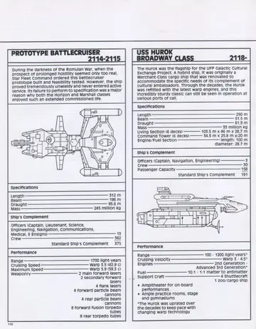 Data sheets and line drawings for the Prototype Battlecruiser (2114-2115) and the USS Hurok, Broadway Class (2118-).