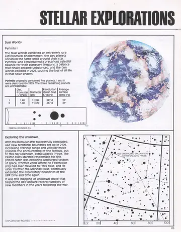 Stellar Explorations spread: the Dual Worlds of Pyrimiis I, with a planet image, an orbital-distance diagram, and a data table for Pyrimiis I and II.