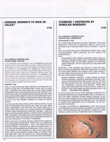 Logs spread (2102-2103): Horizon Journeys to Edge of Galaxy; Starbase 1 Destroyed by Romulan Warships, with an illustration of bird-of-prey-like Romulan warships.