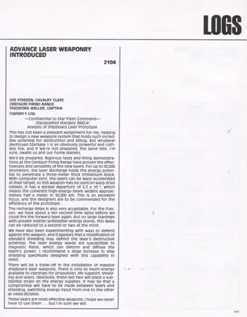 Logs page (2104): Advance Laser Weaponry Introduced — the USS Poisson at the Centauri Firing Range.