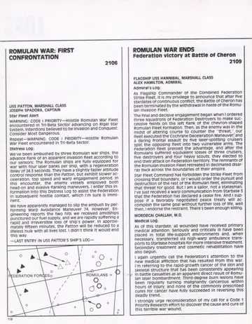 Logs spread (2106-2109): Romulan War First Confrontation and Romulan War Ends (Battle of Cheron), with a tactical diagram of Federation Forces versus Romulans.
